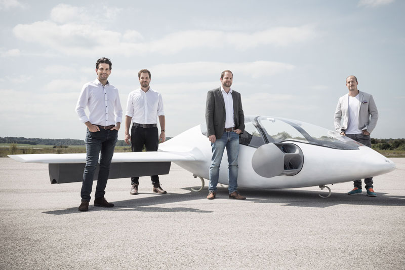 Lilium founders, Daniel Wiegand, Sebastian Born, Matthias Meiner, Patrick Nathen with the two seater Lilium Jet prototype
