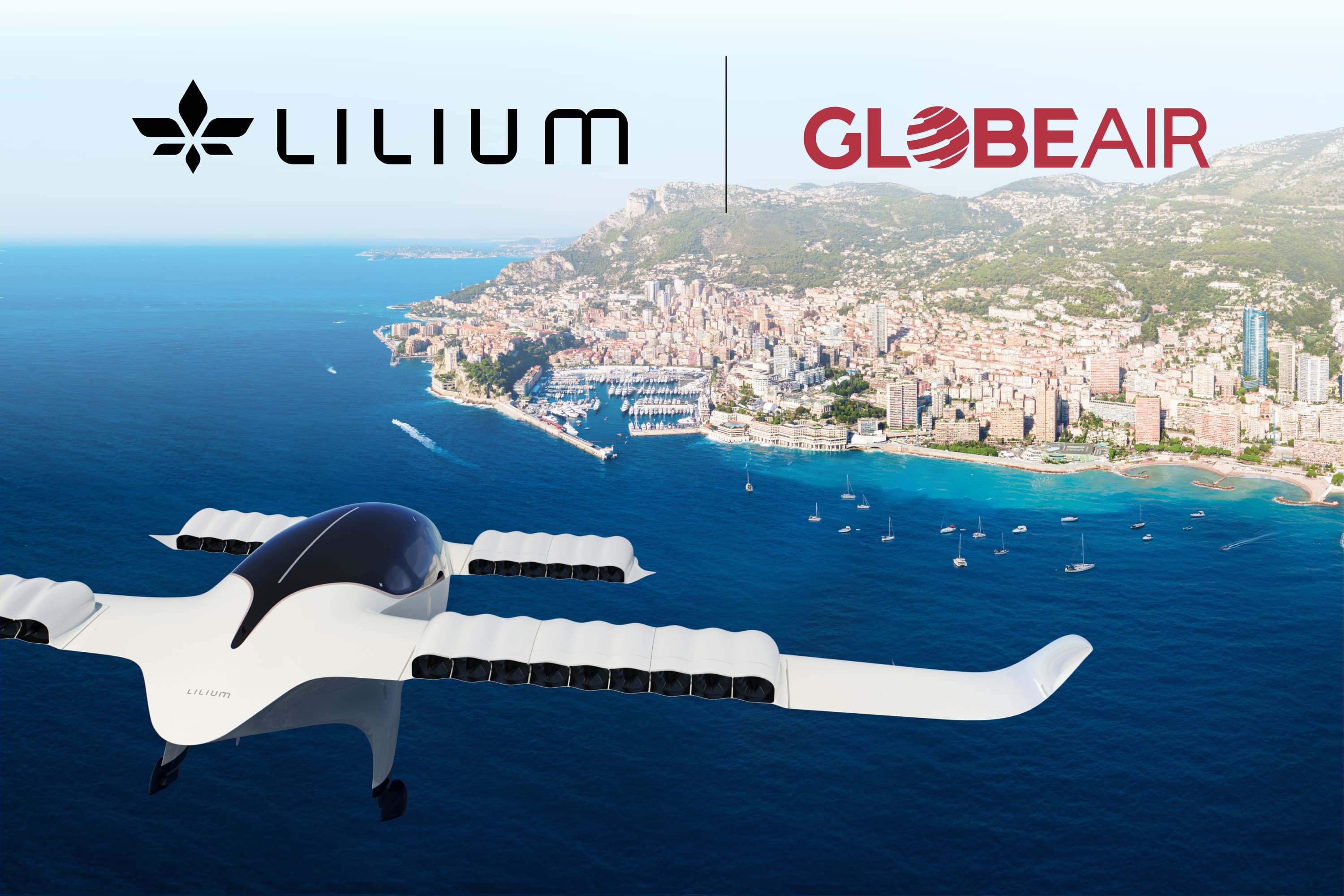 A render of the Lilium Jet flying into Monaco to announce Lilium and GlobeAir