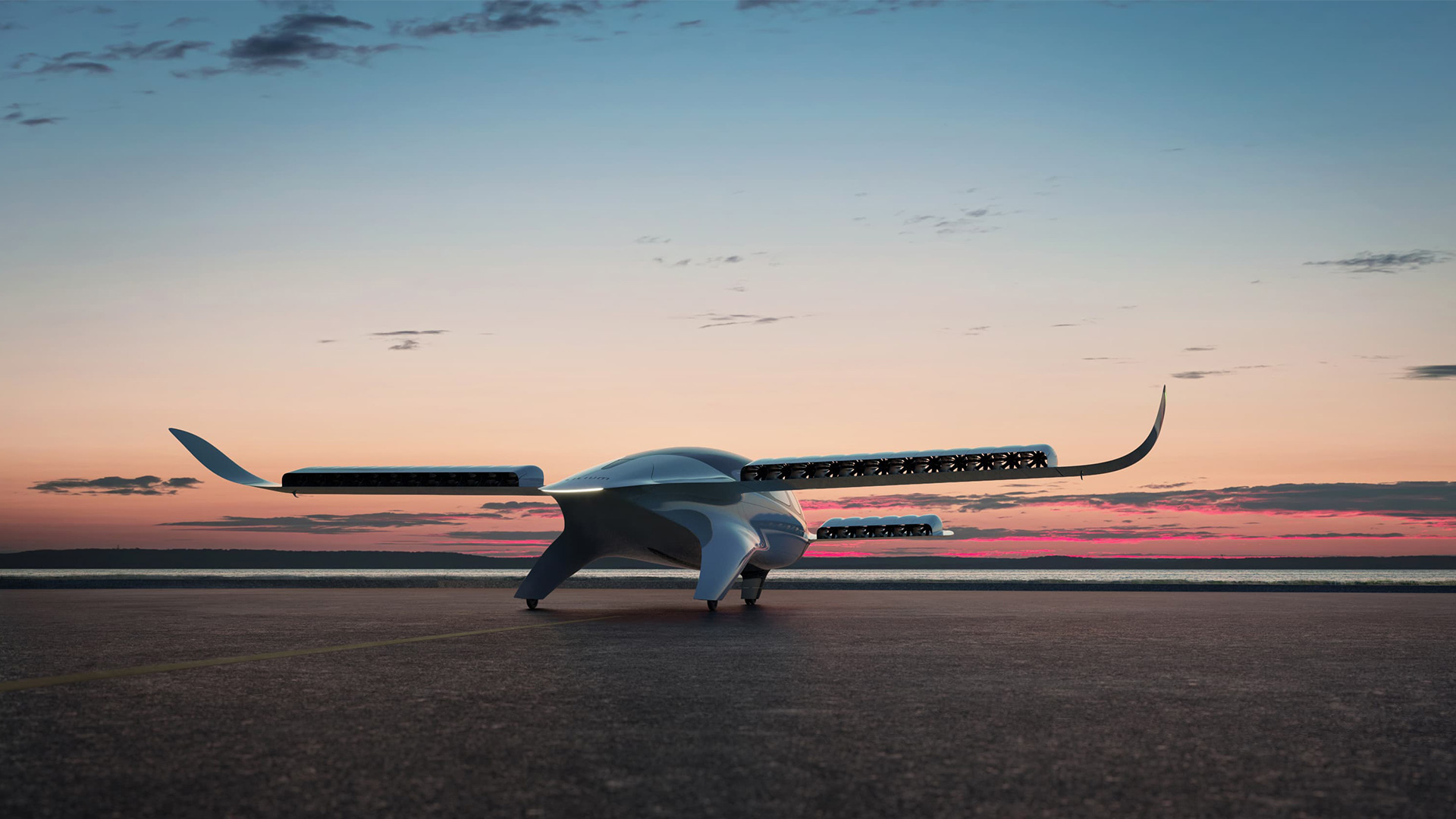 A render from the rear of the 7-seat Lilium Jet in sunset